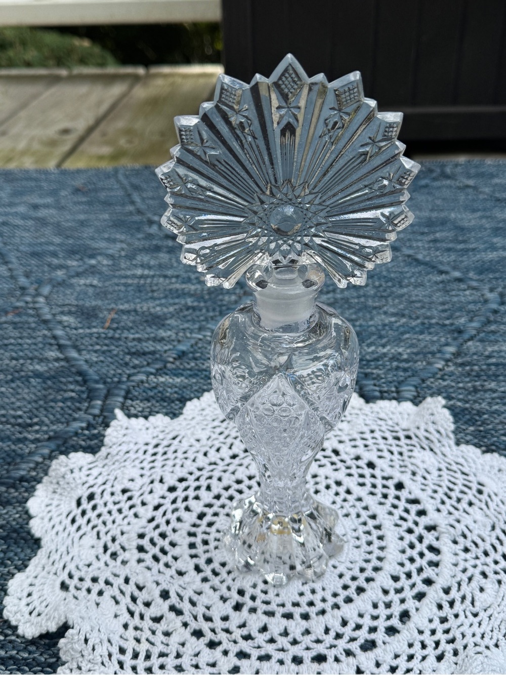 Vintage Art Deco Fan Stopper Perfume Bottle - Pressed Glass 1930s / 1940s